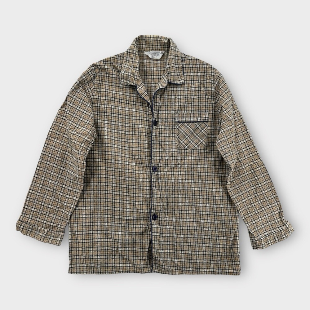 Vintage Sears Perma Prest Pajama Top Mens Medium Plaid Flannel 70s Tan Shirt